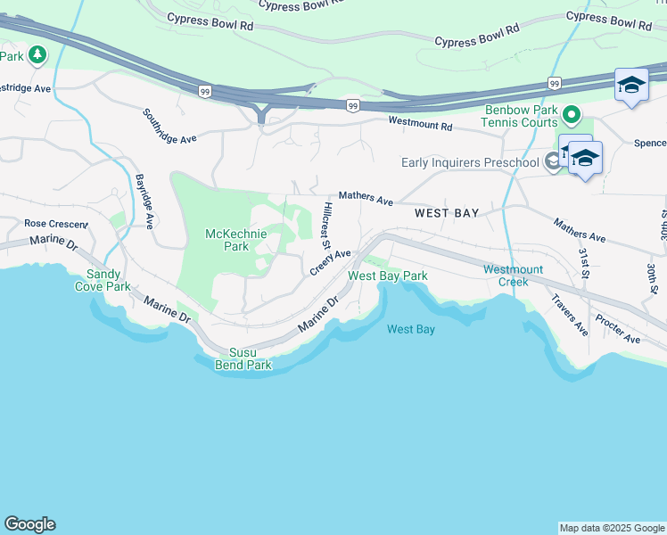 map of restaurants, bars, coffee shops, grocery stores, and more near 3540 Creery Avenue in West Vancouver