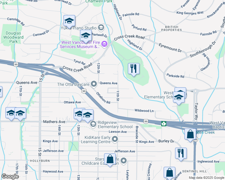 map of restaurants, bars, coffee shops, grocery stores, and more near 1125 Palmerston Avenue in West Vancouver