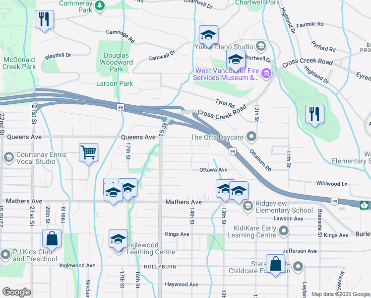 map of restaurants, bars, coffee shops, grocery stores, and more near 1425 Palmerston Avenue in West Vancouver