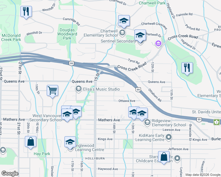 map of restaurants, bars, coffee shops, grocery stores, and more near 1425 Palmerston Avenue in West Vancouver