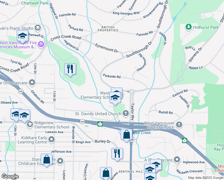 map of restaurants, bars, coffee shops, grocery stores, and more near 775 Southborough Drive in West Vancouver