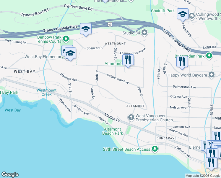 map of restaurants, bars, coffee shops, grocery stores, and more near 2975 Mathers Avenue in West Vancouver