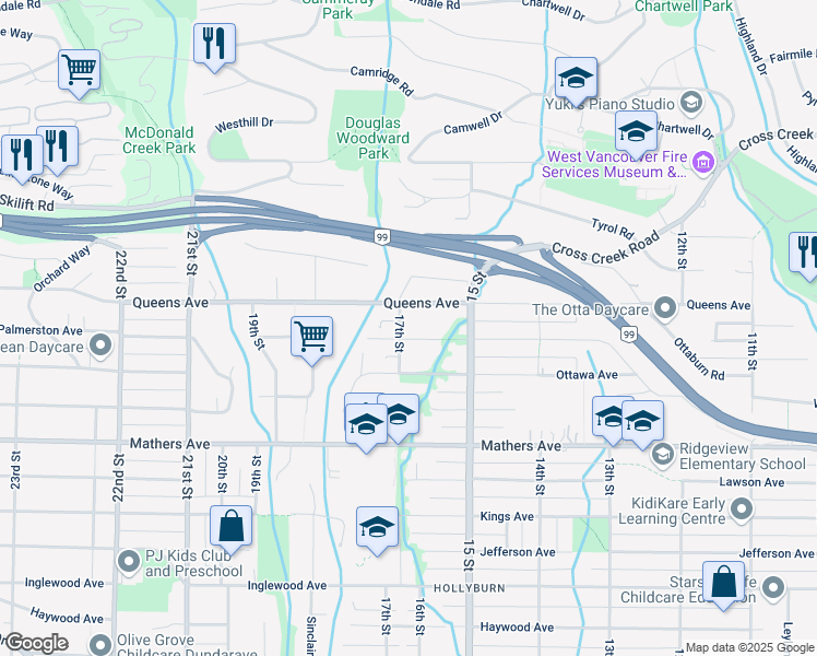 map of restaurants, bars, coffee shops, grocery stores, and more near 1685 Palmerston Avenue in West Vancouver
