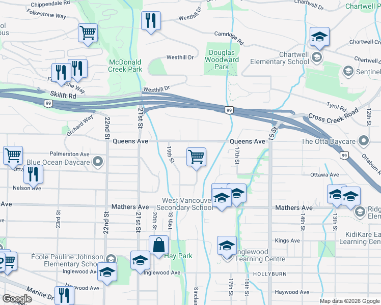map of restaurants, bars, coffee shops, grocery stores, and more near 1855 Palmerston Avenue in West Vancouver