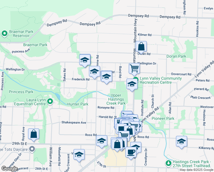map of restaurants, bars, coffee shops, grocery stores, and more near 1131 Frederick Road in North Vancouver