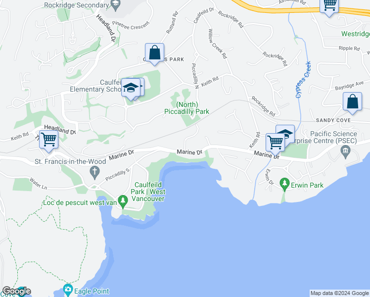 map of restaurants, bars, coffee shops, grocery stores, and more near in West Vancouver