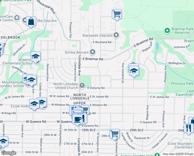 map of restaurants, bars, coffee shops, grocery stores, and more near 3491 Saint Georges Avenue in North Vancouver