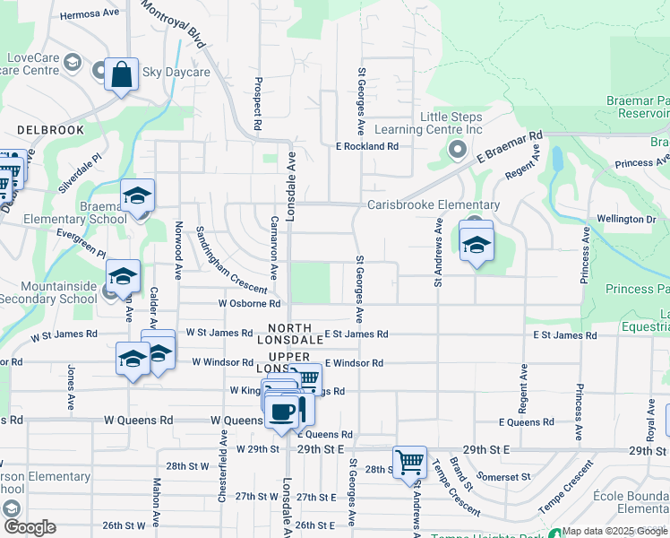 map of restaurants, bars, coffee shops, grocery stores, and more near 169 Carisbrooke Road East in North Vancouver