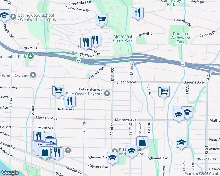 map of restaurants, bars, coffee shops, grocery stores, and more near 2205 Palmerston Avenue in West Vancouver
