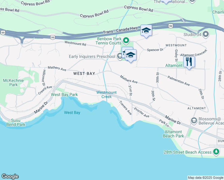 map of restaurants, bars, coffee shops, grocery stores, and more near 3245 Travers Avenue in West Vancouver