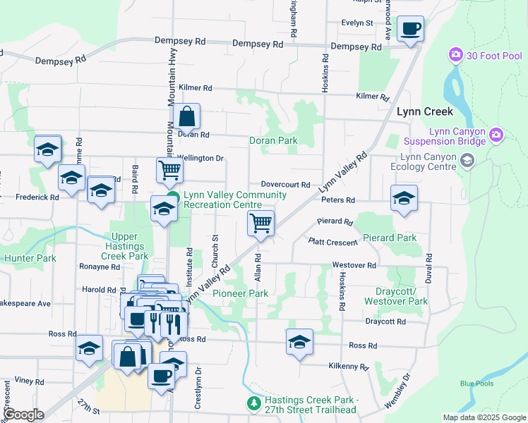 map of restaurants, bars, coffee shops, grocery stores, and more near 3588 Allan Road in North Vancouver