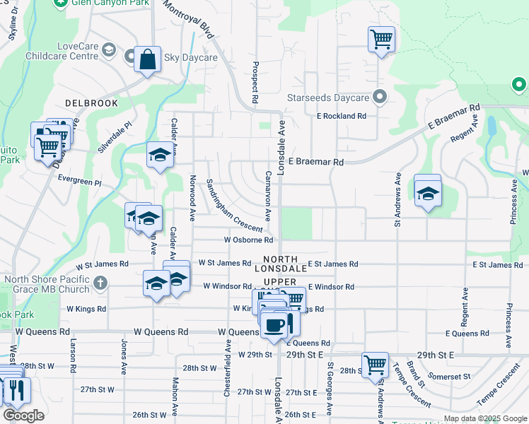 map of restaurants, bars, coffee shops, grocery stores, and more near 125 Carisbrooke Crescent in North Vancouver