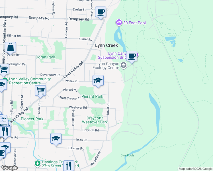 map of restaurants, bars, coffee shops, grocery stores, and more near 3561 Duval Road in North Vancouver