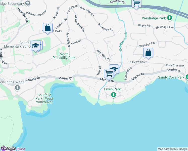 map of restaurants, bars, coffee shops, grocery stores, and more near 4405 Marine Drive in West Vancouver