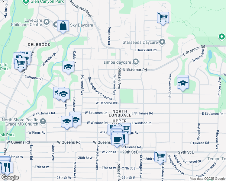 map of restaurants, bars, coffee shops, grocery stores, and more near 125 Carisbrooke Crescent in North Vancouver