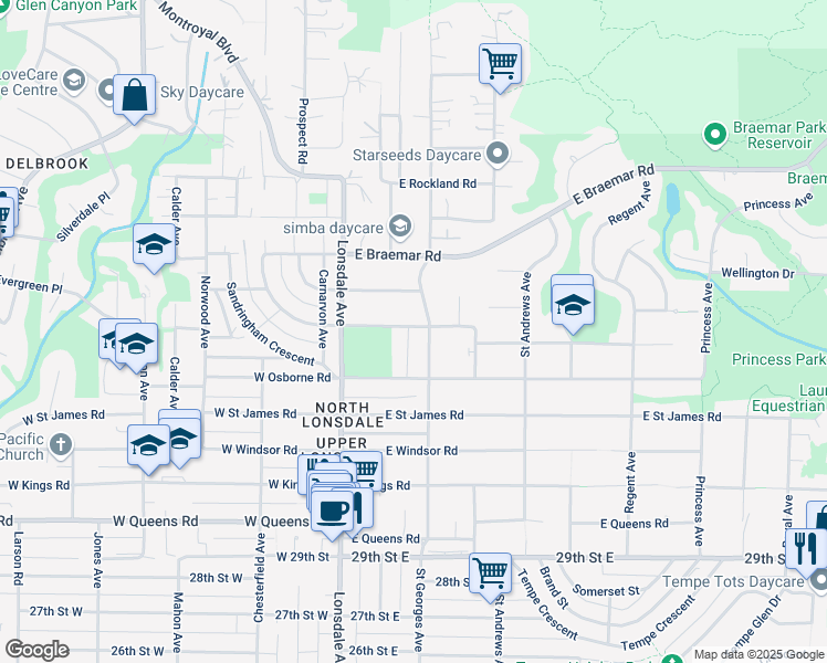 map of restaurants, bars, coffee shops, grocery stores, and more near 195 Carisbrooke Road East in North Vancouver
