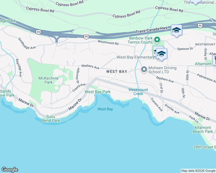 map of restaurants, bars, coffee shops, grocery stores, and more near 3373 Radcliffe Avenue in West Vancouver