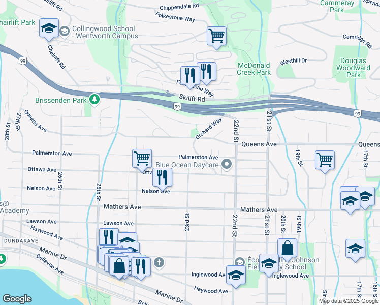 map of restaurants, bars, coffee shops, grocery stores, and more near 2303 Palmerston Avenue in West Vancouver