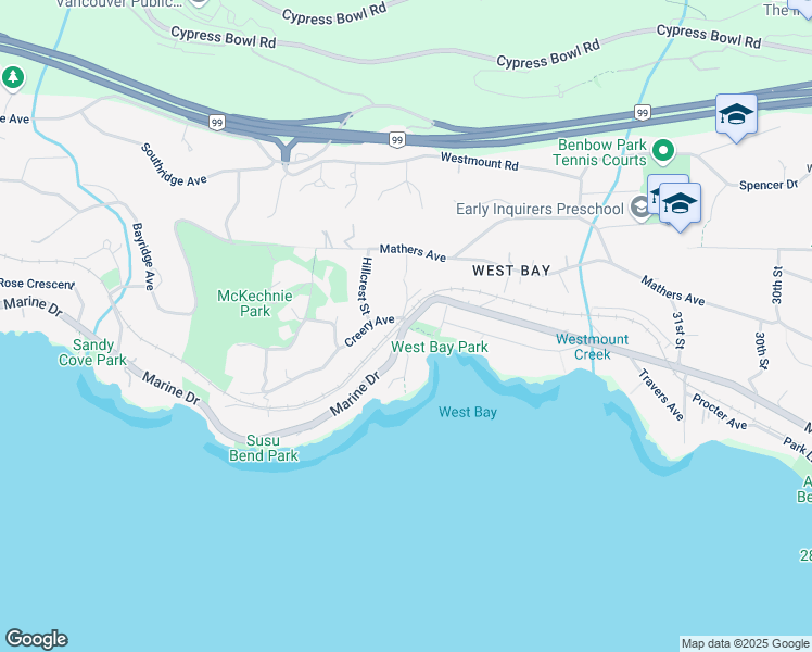 map of restaurants, bars, coffee shops, grocery stores, and more near Marine Drive in West Vancouver