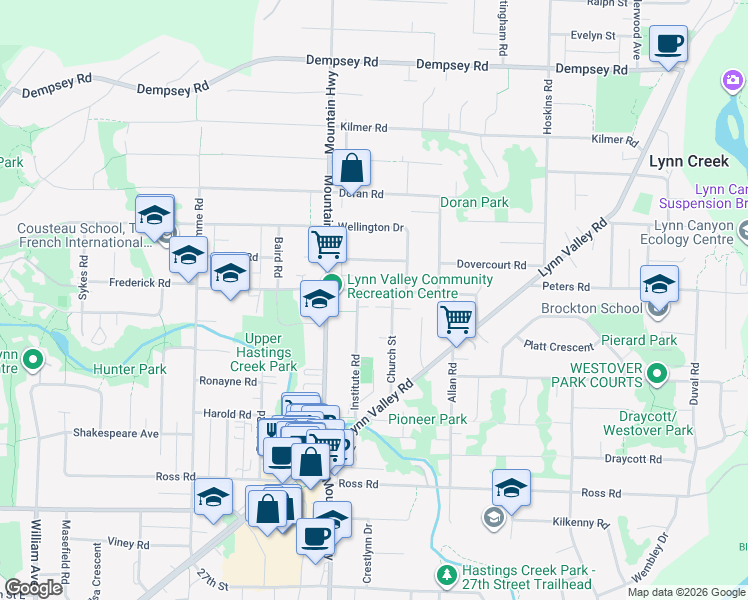 map of restaurants, bars, coffee shops, grocery stores, and more near 1355 Frederick Road in North Vancouver