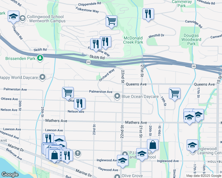 map of restaurants, bars, coffee shops, grocery stores, and more near 2237 Palmerston Avenue in West Vancouver