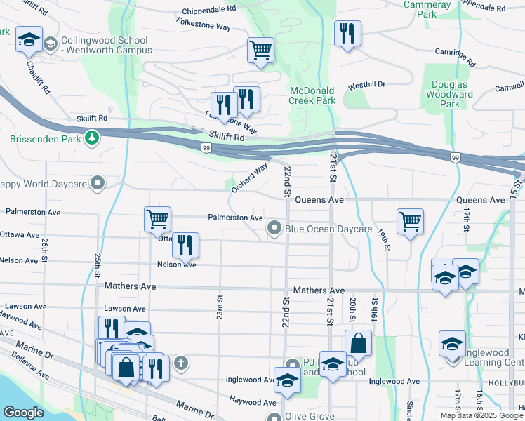map of restaurants, bars, coffee shops, grocery stores, and more near 2233 Palmerston Avenue in West Vancouver
