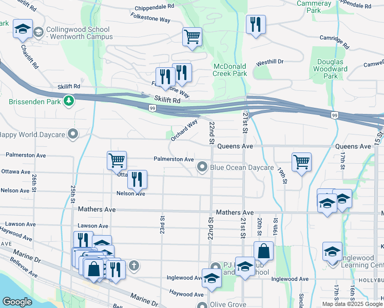 map of restaurants, bars, coffee shops, grocery stores, and more near 2235 Palmerston Avenue in West Vancouver