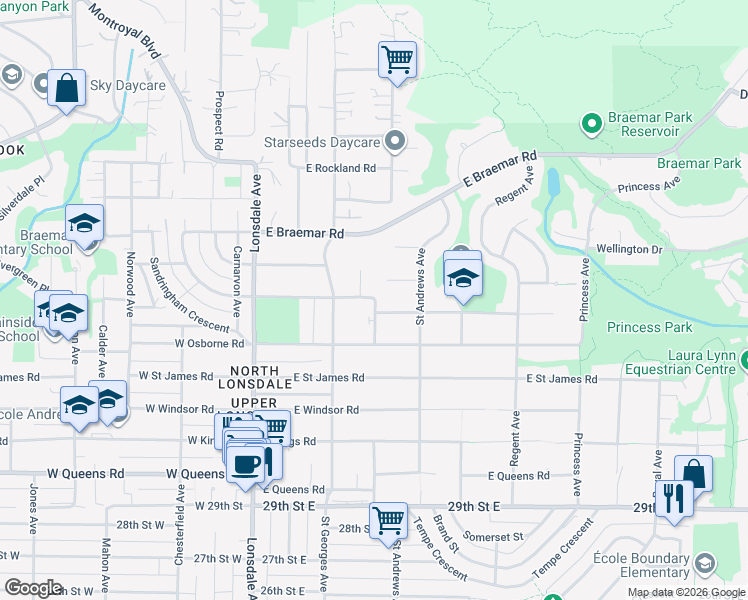 map of restaurants, bars, coffee shops, grocery stores, and more near in North Vancouver