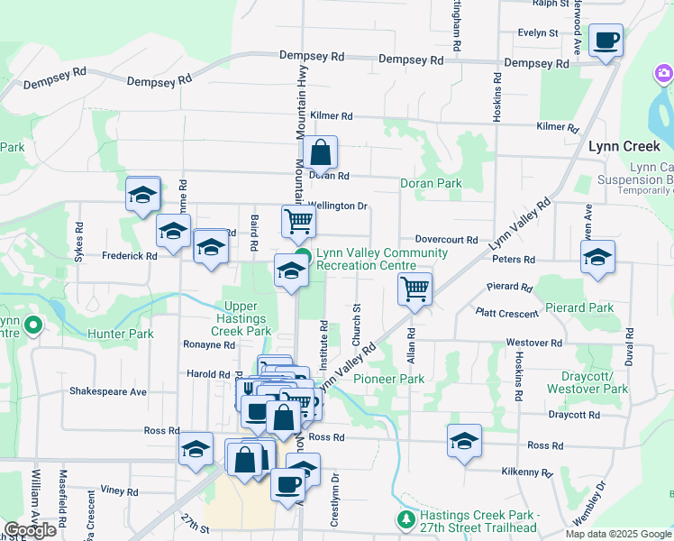 map of restaurants, bars, coffee shops, grocery stores, and more near 1345 Frederick Road in North Vancouver