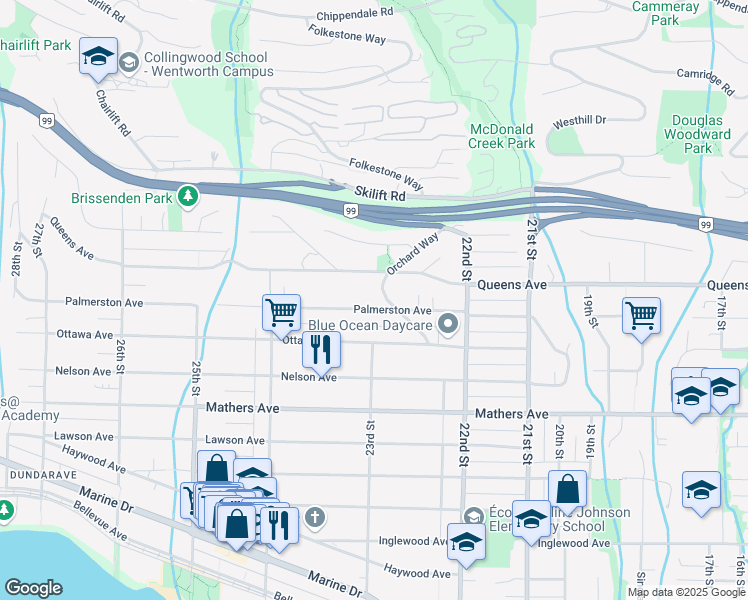 map of restaurants, bars, coffee shops, grocery stores, and more near 2303 Palmerston Avenue in West Vancouver