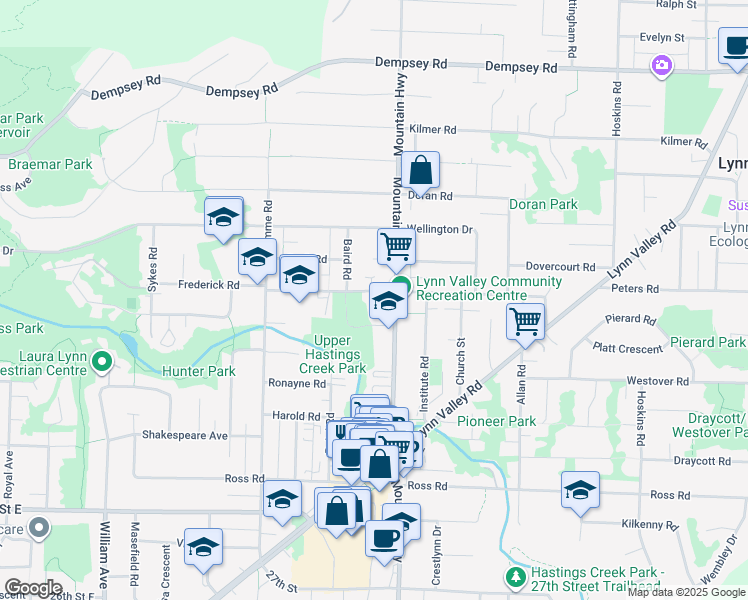map of restaurants, bars, coffee shops, grocery stores, and more near 1249 Frederick Road in North Vancouver