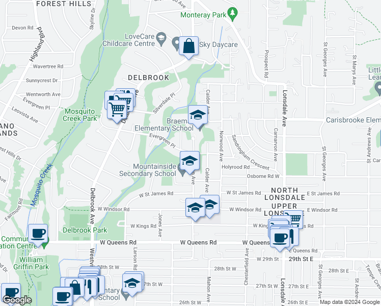 map of restaurants, bars, coffee shops, grocery stores, and more near 402 Evergreen Place in North Vancouver