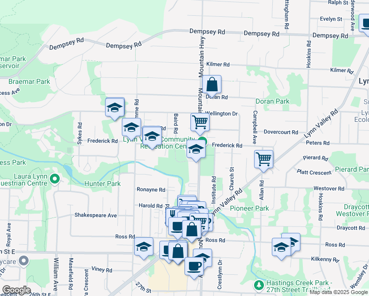 map of restaurants, bars, coffee shops, grocery stores, and more near 1231 Frederick Road in North Vancouver