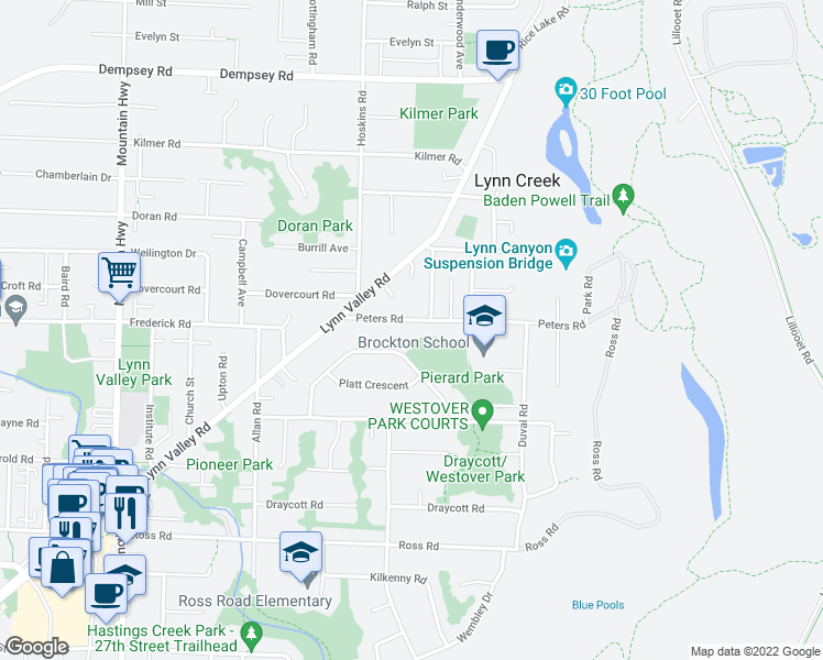 map of restaurants, bars, coffee shops, grocery stores, and more near 1725 Peters Road in North Vancouver