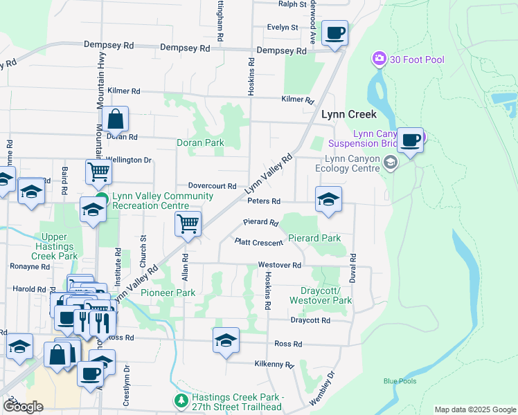 map of restaurants, bars, coffee shops, grocery stores, and more near 1689 Peters Road in North Vancouver