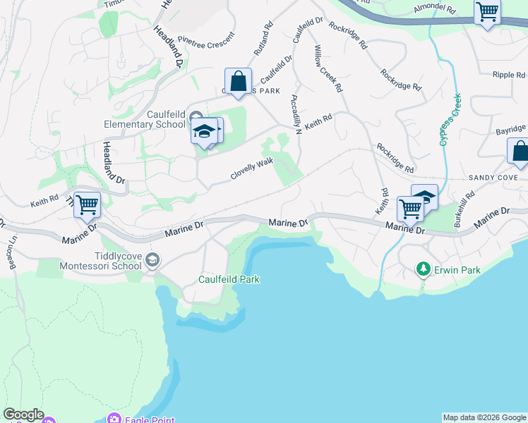 map of restaurants, bars, coffee shops, grocery stores, and more near in West Vancouver