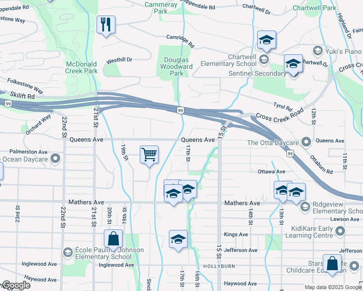 map of restaurants, bars, coffee shops, grocery stores, and more near 1720 Queens Avenue in West Vancouver
