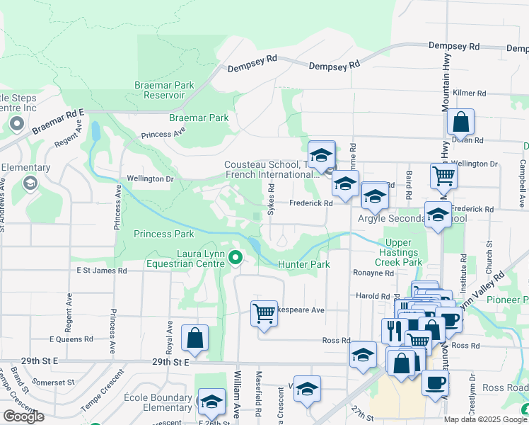 map of restaurants, bars, coffee shops, grocery stores, and more near 3571 Sykes Road in North Vancouver