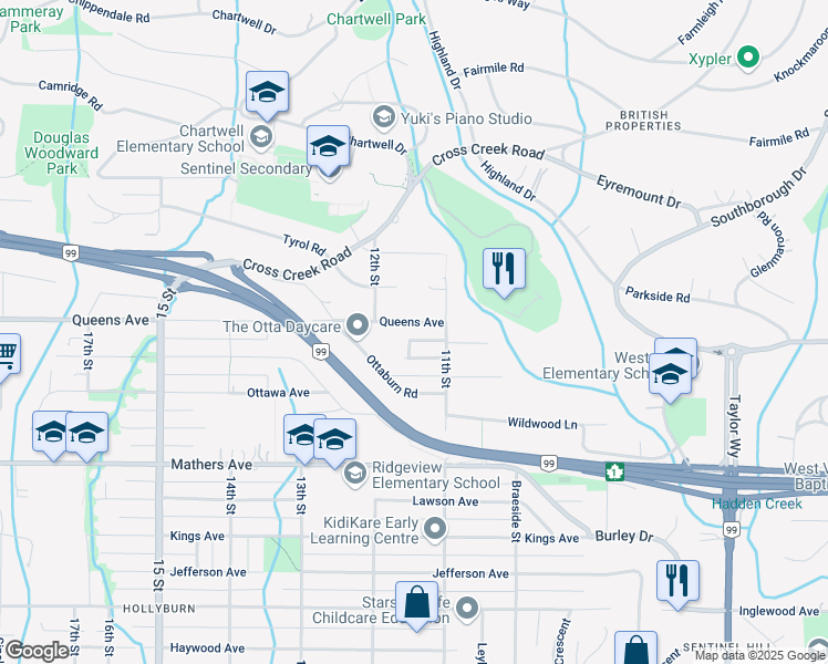 map of restaurants, bars, coffee shops, grocery stores, and more near 1158 Queens Avenue in West Vancouver