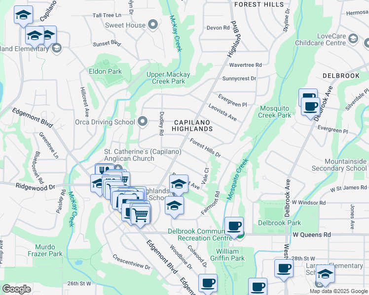 map of restaurants, bars, coffee shops, grocery stores, and more near 3560 Highland Boulevard in North Vancouver