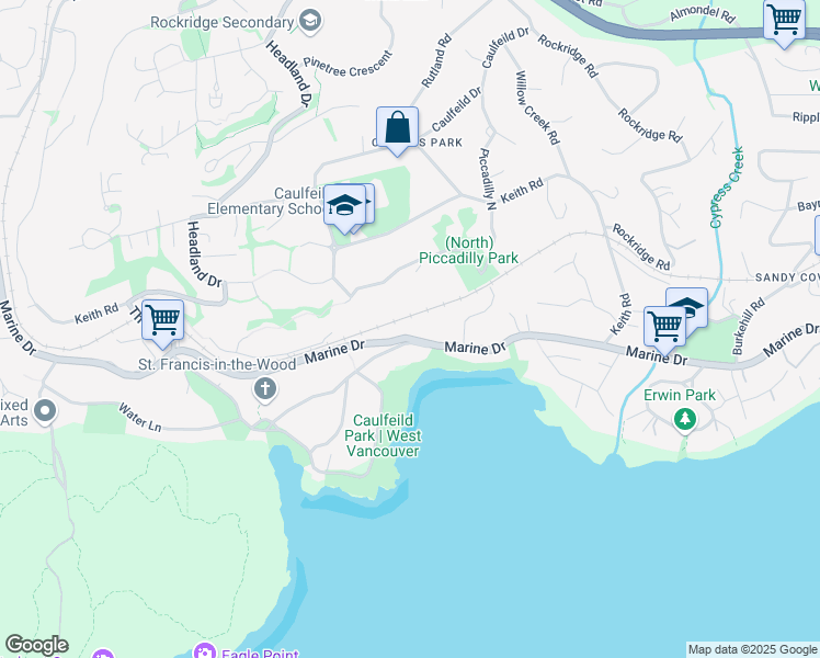 map of restaurants, bars, coffee shops, grocery stores, and more near 4651 Marine Drive in West Vancouver