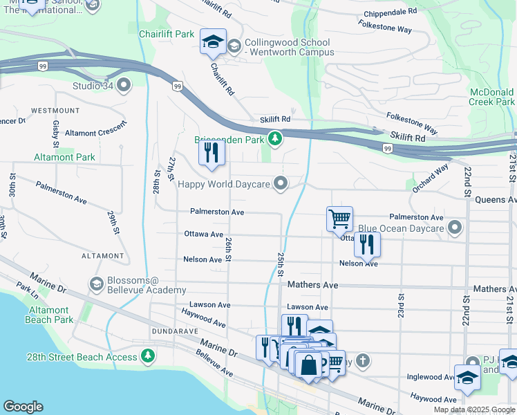 map of restaurants, bars, coffee shops, grocery stores, and more near 2545 Palmerston Avenue in West Vancouver