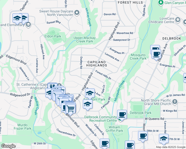 map of restaurants, bars, coffee shops, grocery stores, and more near 3560 Highland Boulevard in North Vancouver