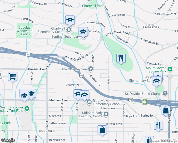 map of restaurants, bars, coffee shops, grocery stores, and more near 1230 Queens Avenue in Victoria