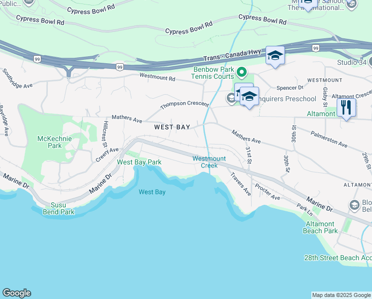map of restaurants, bars, coffee shops, grocery stores, and more near 3325 Marine Drive in West Vancouver