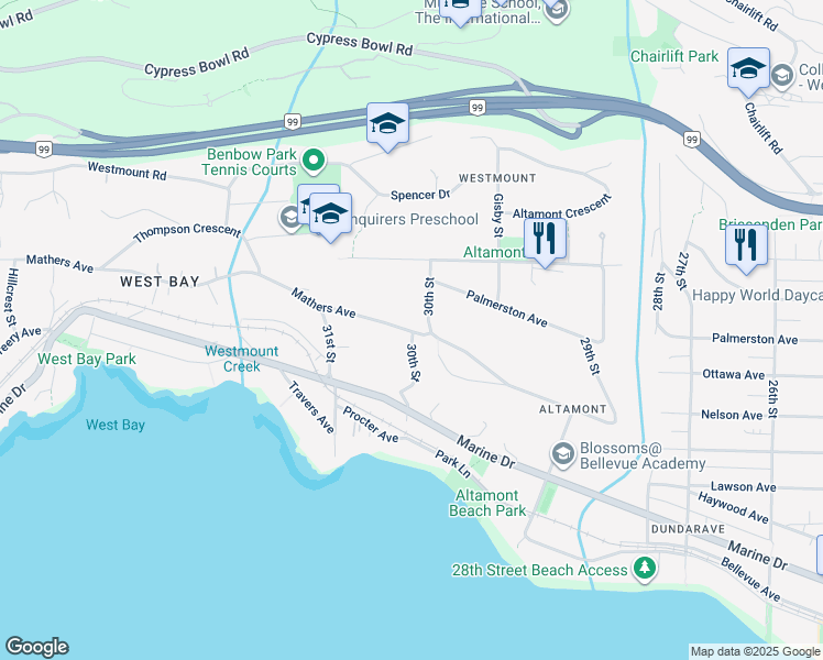 map of restaurants, bars, coffee shops, grocery stores, and more near Mathers Ave & 30th St in West Vancouver