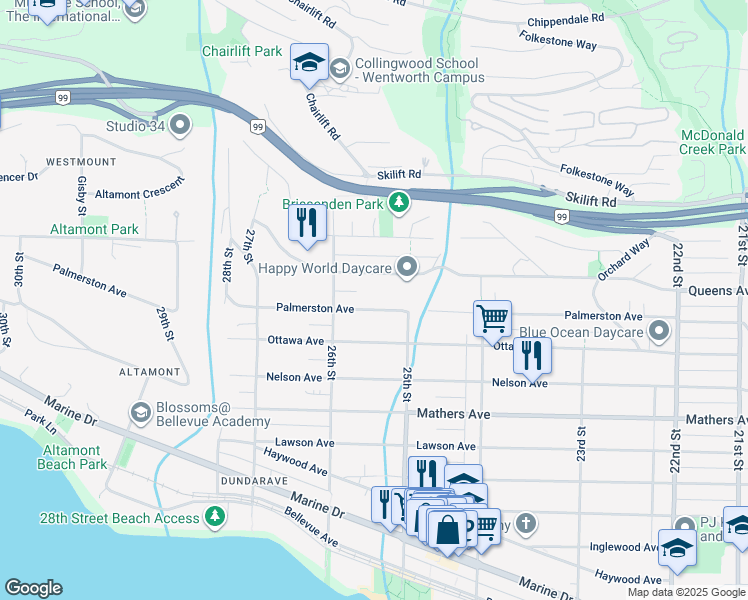map of restaurants, bars, coffee shops, grocery stores, and more near 2545 Palmerston Avenue in West Vancouver