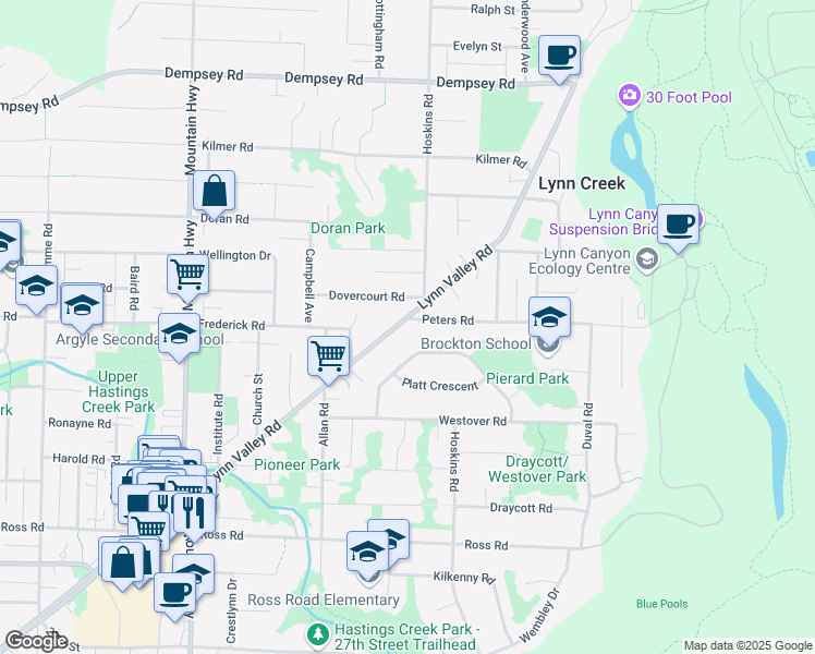 map of restaurants, bars, coffee shops, grocery stores, and more near 1621 Peters Road in North Vancouver