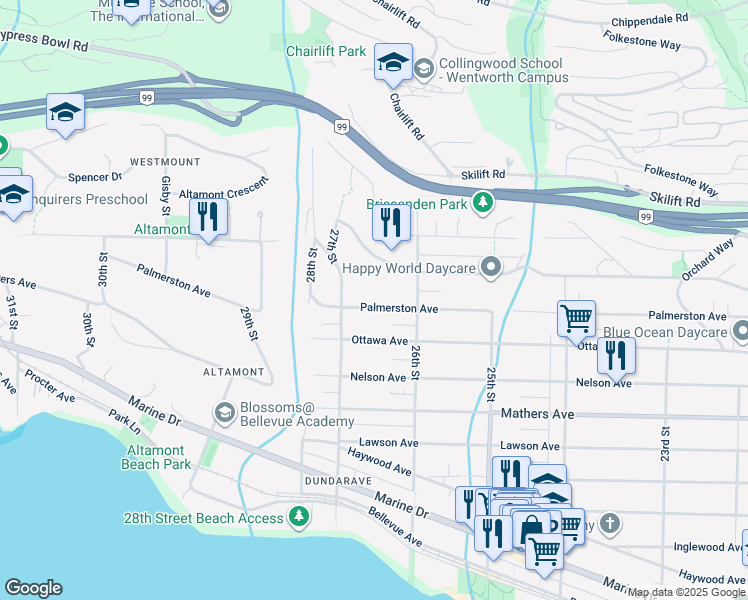 map of restaurants, bars, coffee shops, grocery stores, and more near 2655 Palmerston Avenue in West Vancouver
