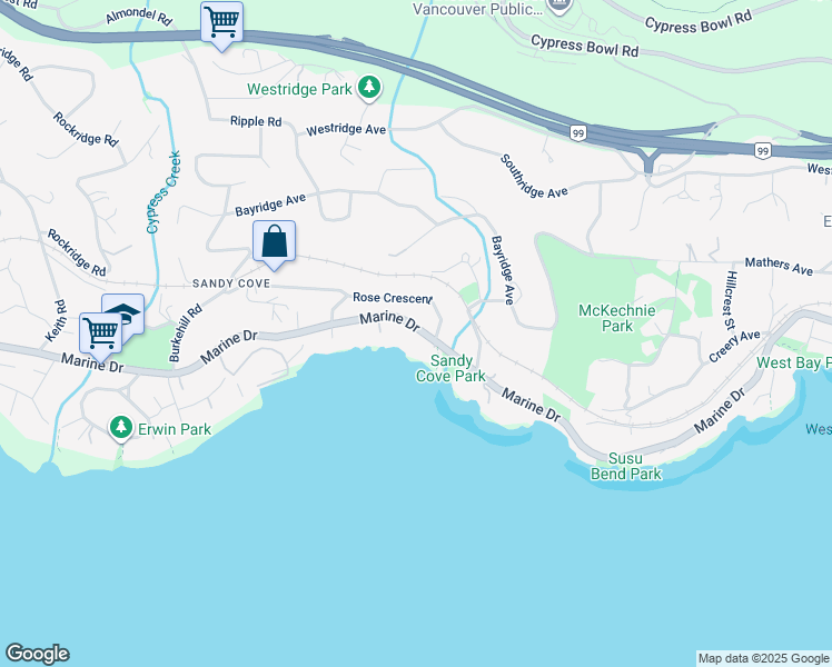 map of restaurants, bars, coffee shops, grocery stores, and more near 4020 Marine Drive in West Vancouver